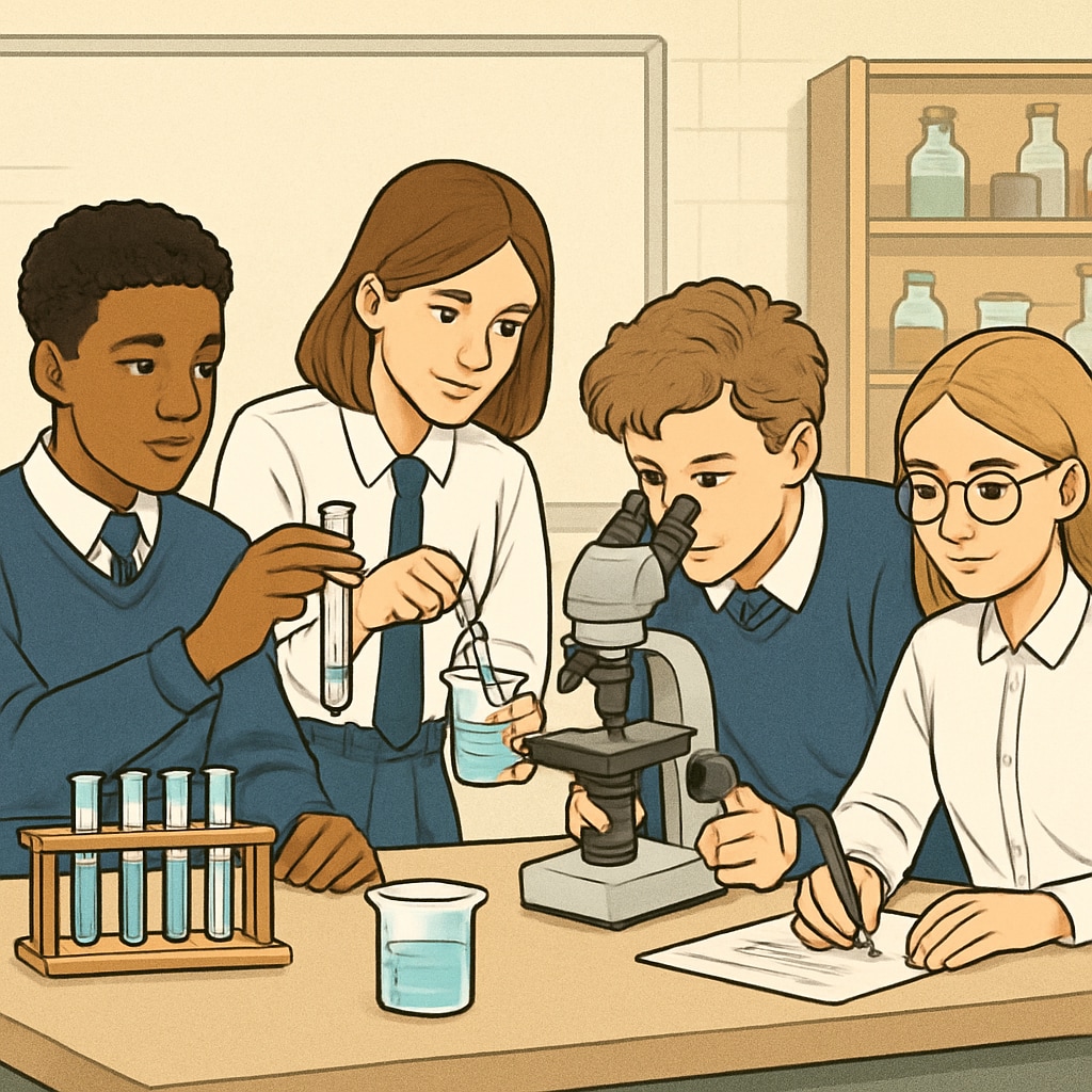 Students in the UK working collaboratively on a science experiment as part of their A Levels coursework. This image represents the hands-on and flexible approach of A Levels. UK students conducting a science experiment, illustrating A Levels’ practical learning methods.