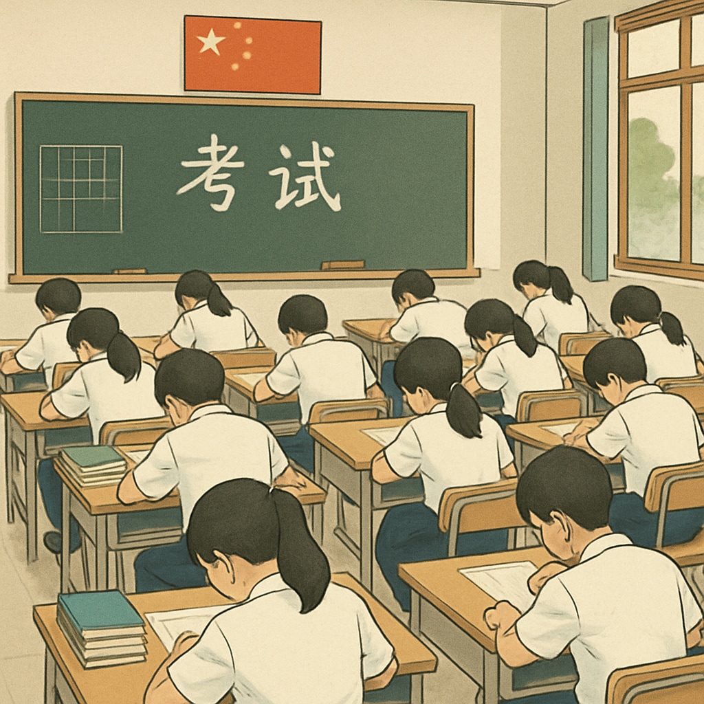 A classroom in China with students preparing for a standardized exam, showcasing the focus on test-oriented study habits. Chinese classroom with students preparing for a standardized exam, emphasizing education, test scores, and resource allocation.