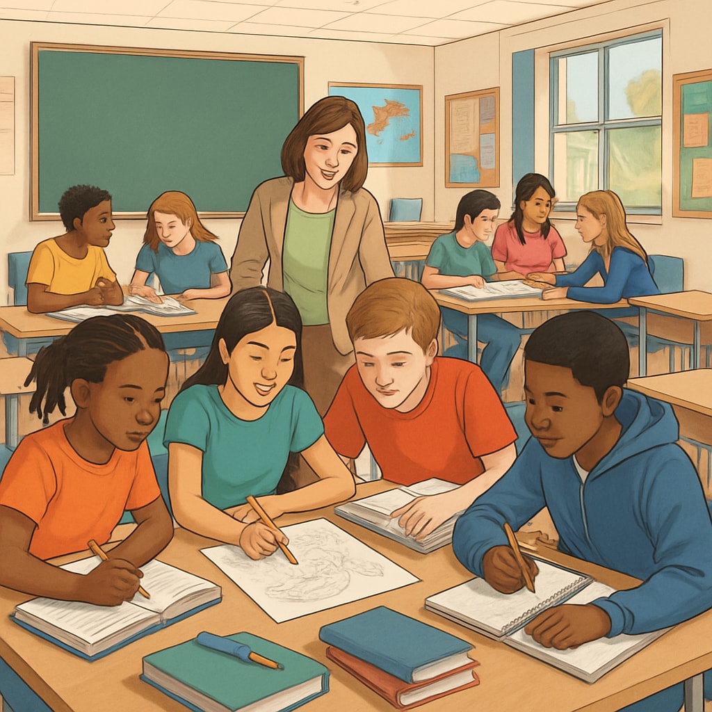 An American high school classroom with students engaged in group activities, highlighting the focus on creativity and collaboration in the U.S. education system. American high school classroom with students engaged in group activities, reflecting education, test scores, and resource allocation.