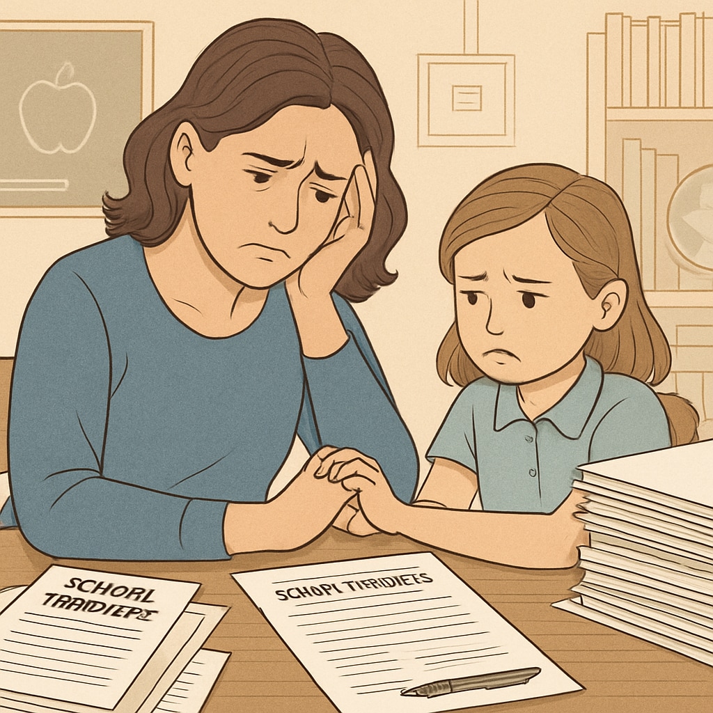 A mother holding her daughter’s hand, looking frustrated at a desk filled with paperwork related to school transfers. A mother struggling with paperwork during the special needs school transfer process.