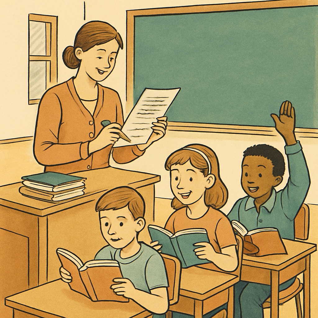 A classroom setting where a teacher is evaluating student reading materials, with students actively engaging. Teacher evaluating reading materials to assess text complexity with students.