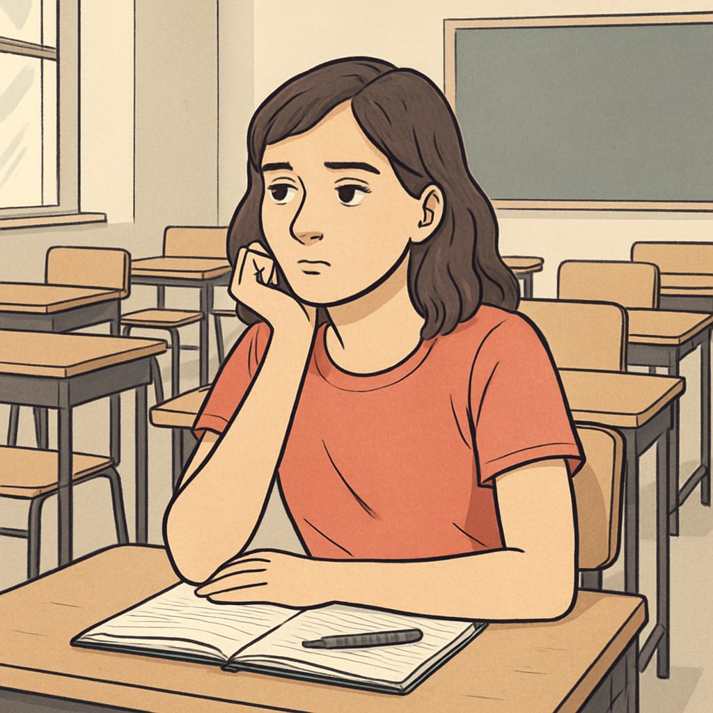 Teenage girl alone in classroom missing education due to administrative barriers.