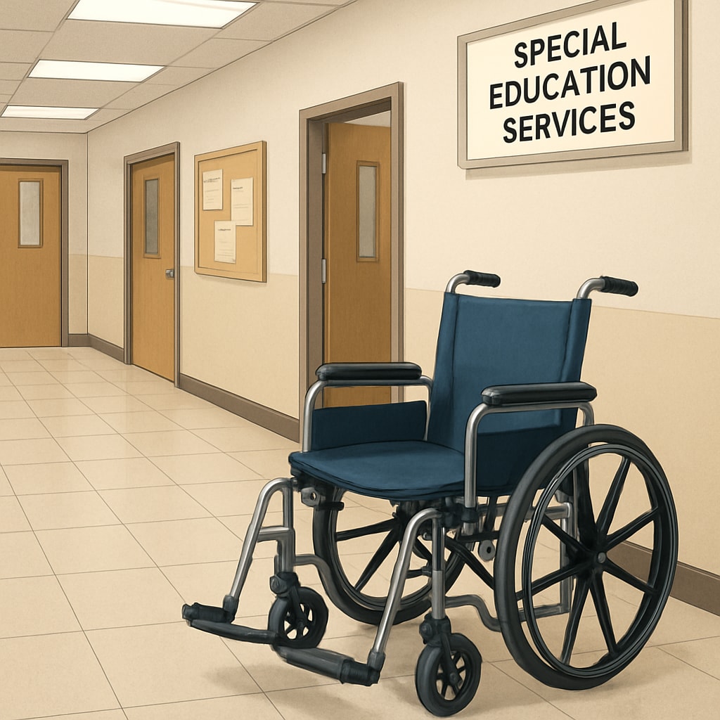 A school hallway with an empty wheelchair and a sign indicating School hallway sign for special education services, highlighting systemic barriers.