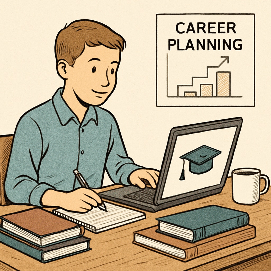 A student studying online using a laptop, representing online education and career planning. Online education and career planning