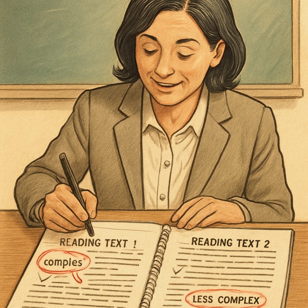 A teacher analyzing reading texts with notes and annotations, providing feedback on complexity levels. Teacher reviewing reading texts for complexity evaluation in an educational setting.