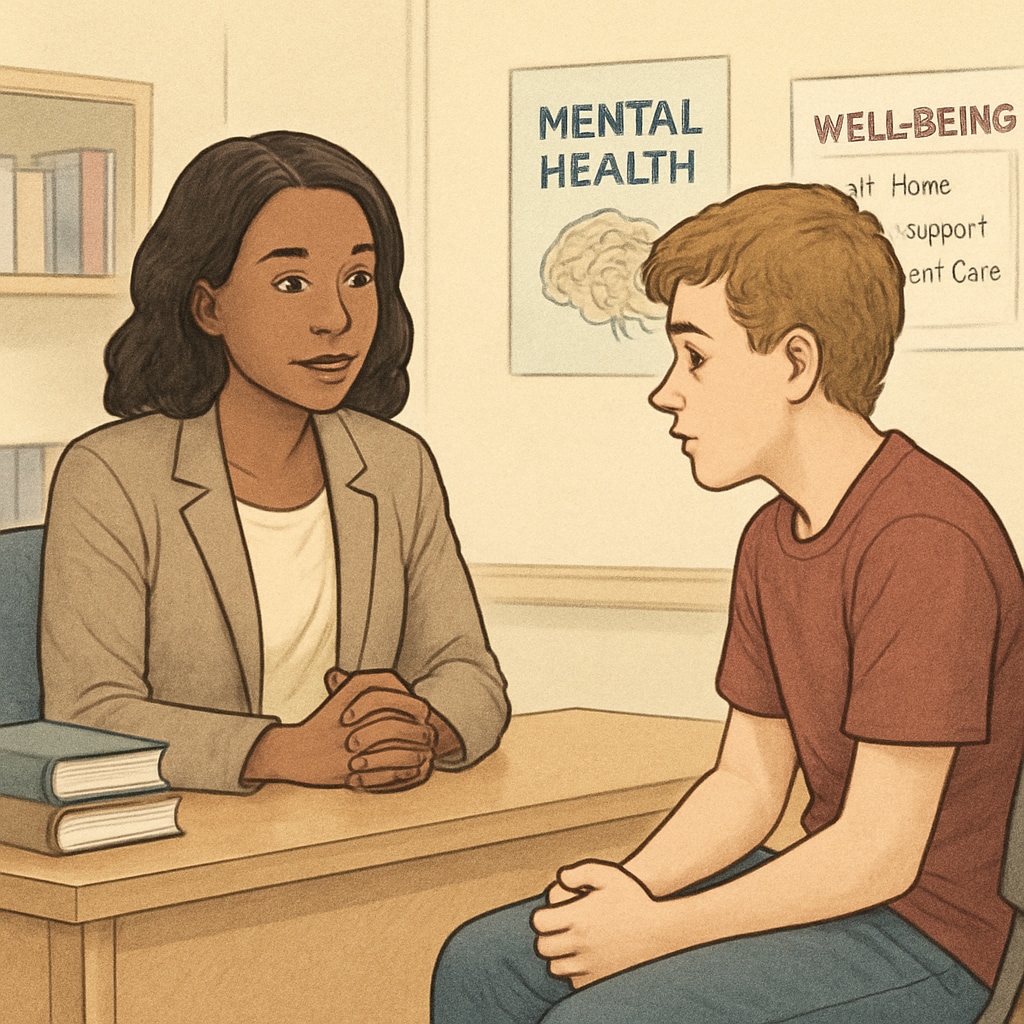 School counselor discussing mental health challenges with a student.