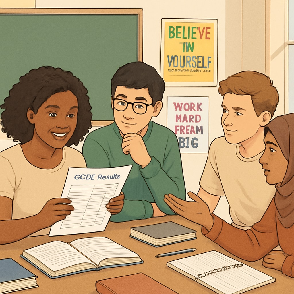 A group of students reviewing their GCSE results and discussing future plans, symbolizing the emotions tied to academic performance and career decisions. Students reviewing GCSE results and discussing career prospects.