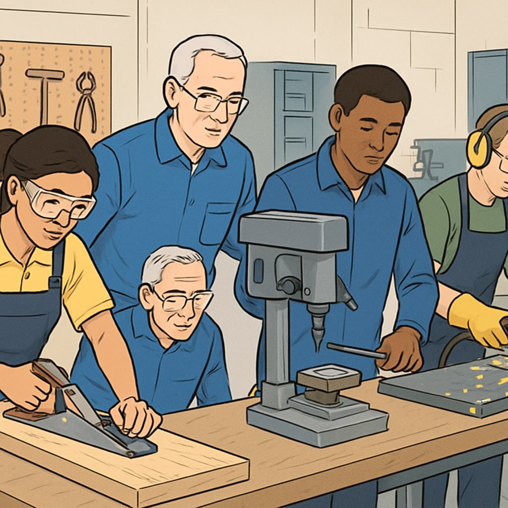 A vocational training class with students learning practical skills in a workshop environment, representing alternative career pathways. Students in vocational training exploring alternative career routes.