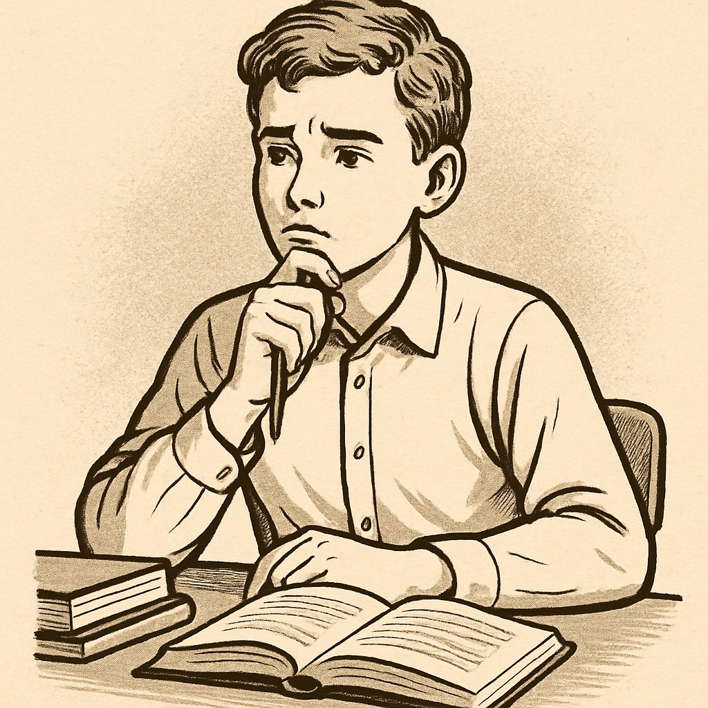 A student sitting at a desk, looking thoughtful and holding a pen, symbolizing reflection on academic challenges. GCSE results, academic anxiety, future prospects - student reflecting at desk
