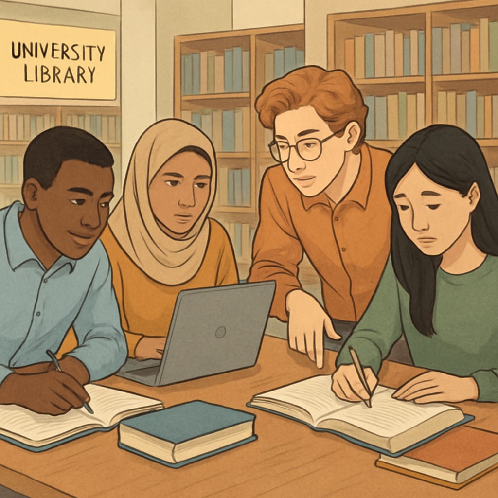 A diverse group of students studying together in a university library, highlighting challenges faced by immigrant students. A group of students representing diverse backgrounds studying in a library, emphasizing immigrant student challenges.