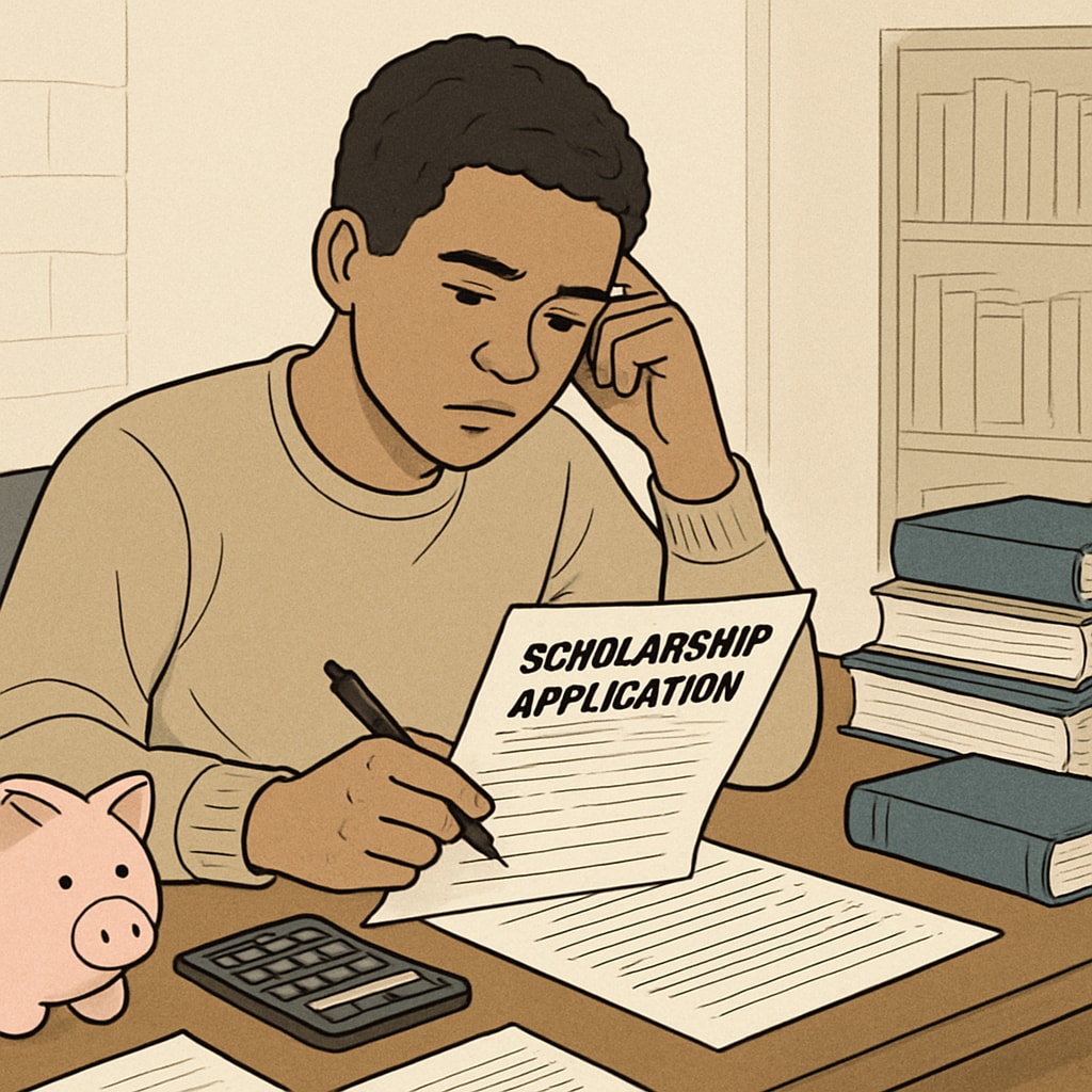 A student looking at scholarship application forms, emphasizing the financial struggles faced by immigrant students. An immigrant student reviewing scholarship forms, illustrating financial barriers in education.