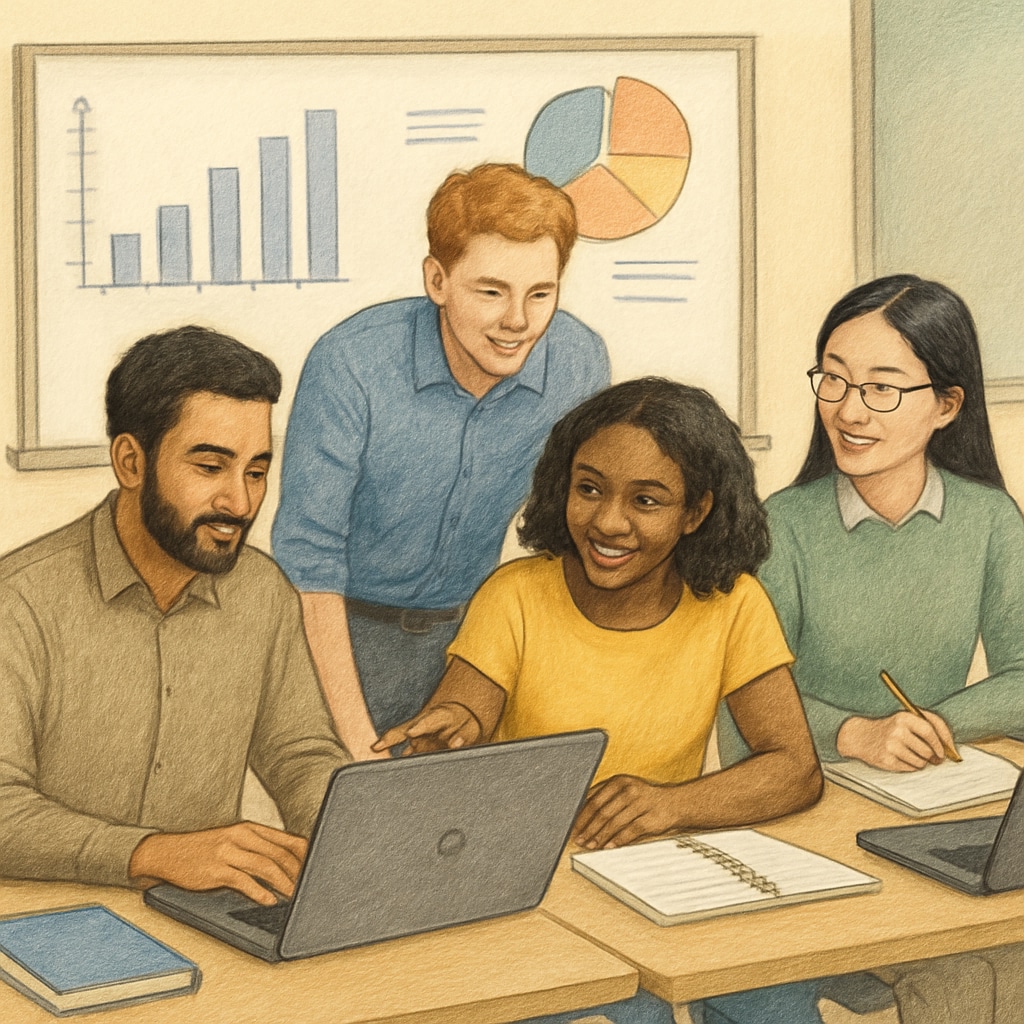 A group of diverse international students collaborating on a data science project in a university setting. International students working on a data science project together.