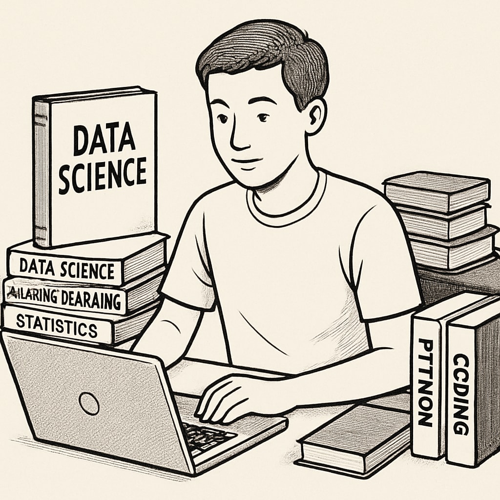 International student studying data science with a laptop and books on coding.