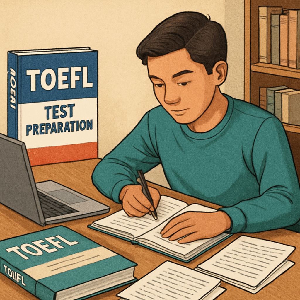 A student preparing for a TOEFL exam with study materials and a laptop. International student studying for TOEFL to meet U.S. university requirements.