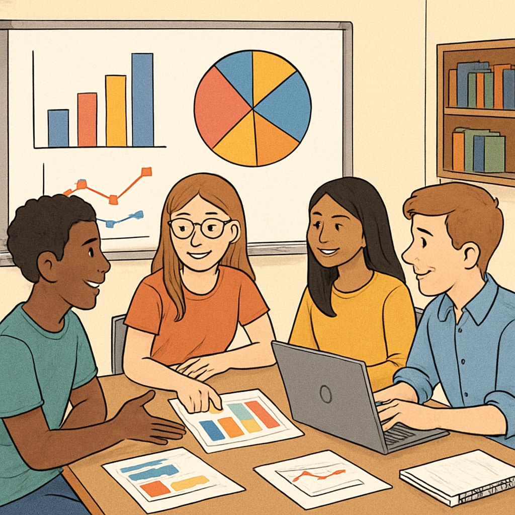 Students collaborating on a data science project in a classroom.