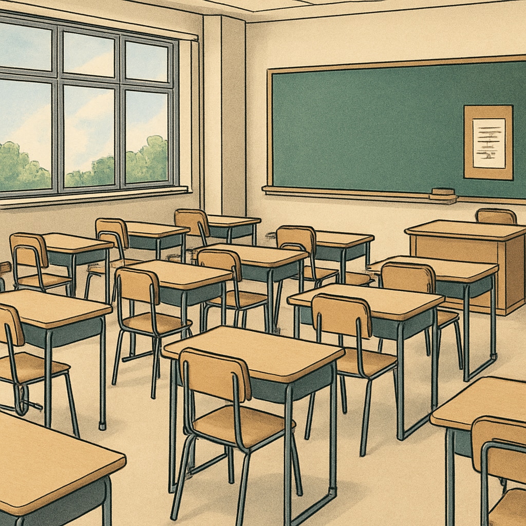 A group of empty classrooms in a school, symbolizing the absence of teachers during Teacherless Tuesday. Empty classrooms during Teacherless Tuesday, highlighting the protest's impact.