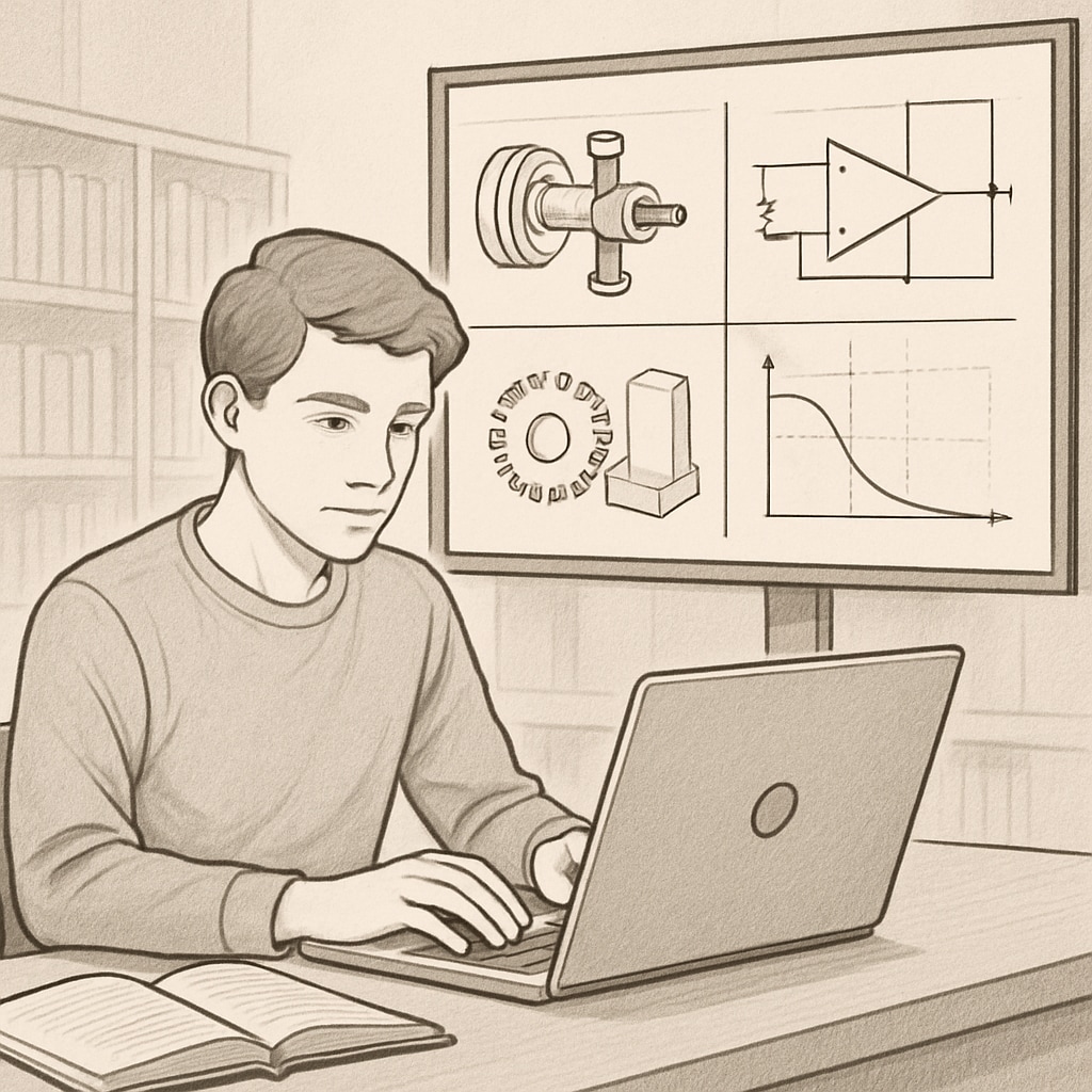 A young university student working on a laptop with technical diagrams on a nearby screen. A university student exploring IT career options on a laptop.