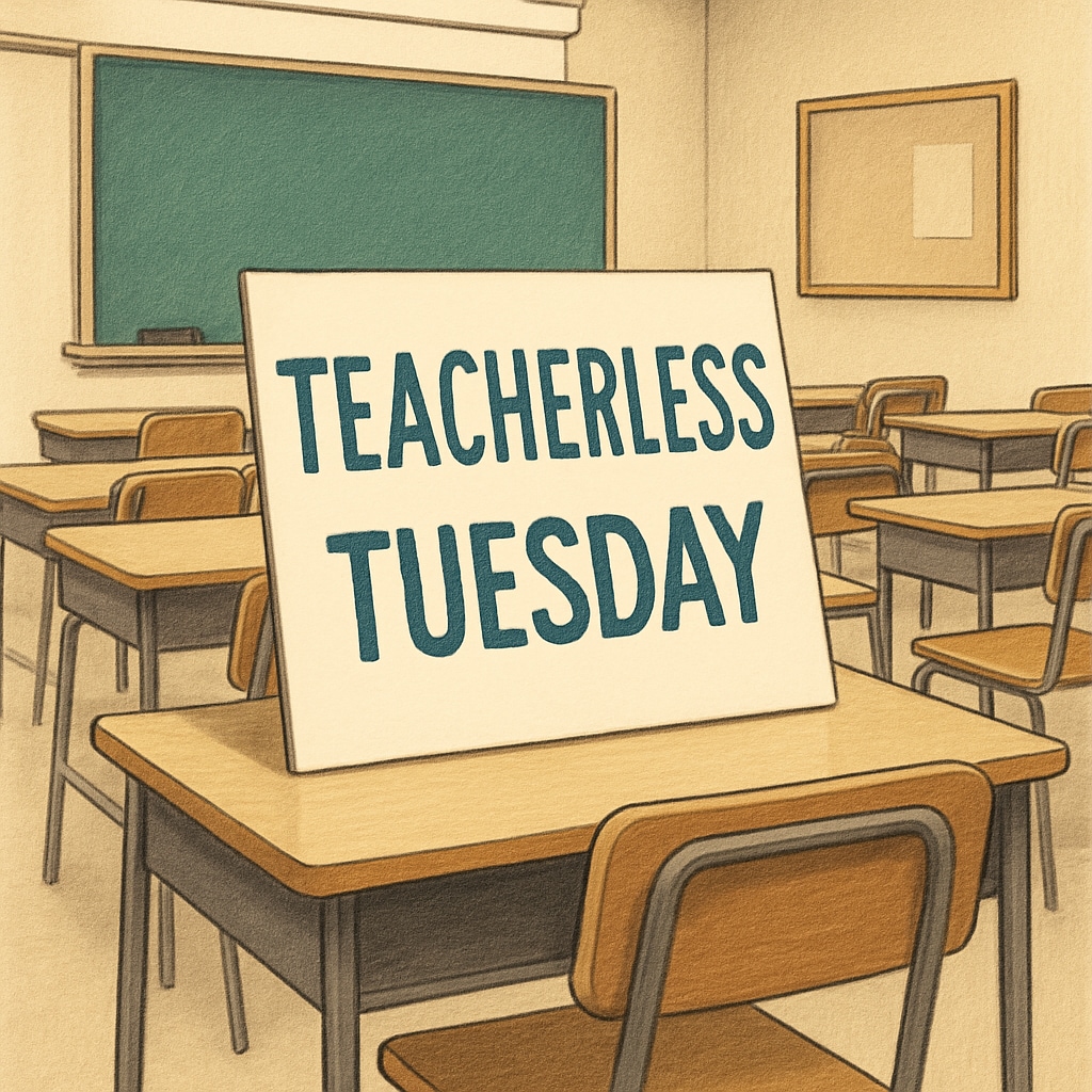 A protest sign left in an empty classroom, symbolizing the silent nature of Teacherless Tuesday. Protest sign in an empty classroom during Teacherless Tuesday.