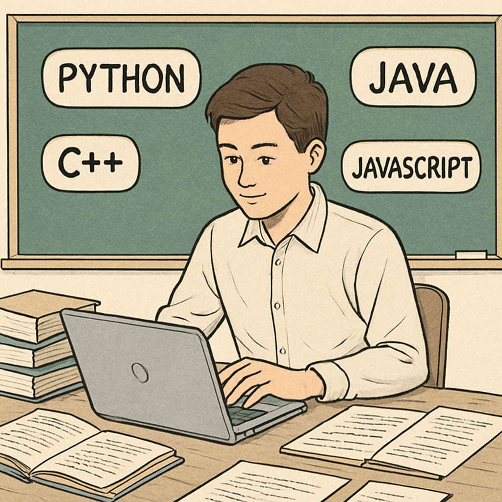 A student working on a laptop, exploring programming languages. A university student learning coding basics on a laptop.