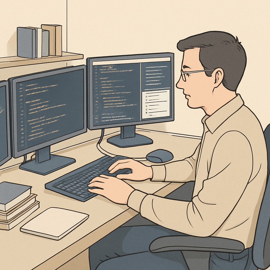 A software developer's workspace featuring multiple monitors displaying code and debugging tools. A workspace showcasing tools for software development career paths.
