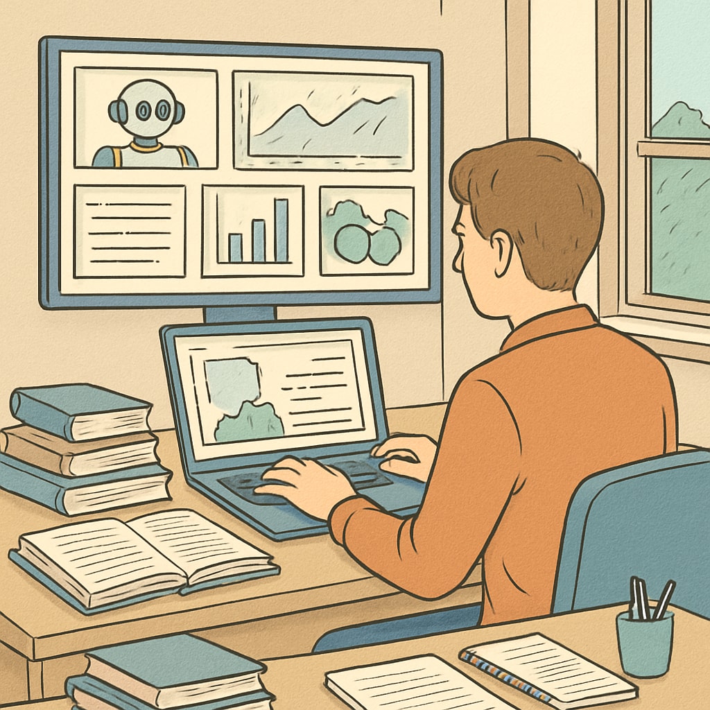 A university student using multiple AI subscription services on their laptop, comparing outputs for a research paper. Student using AI subscription services for academic assistance and learning tools.