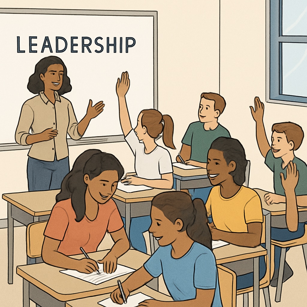A classroom setting where students are engaged in leadership-building activities, emphasizing female participation. Classroom leadership activities with female students inspired by Sadhguru teachings.