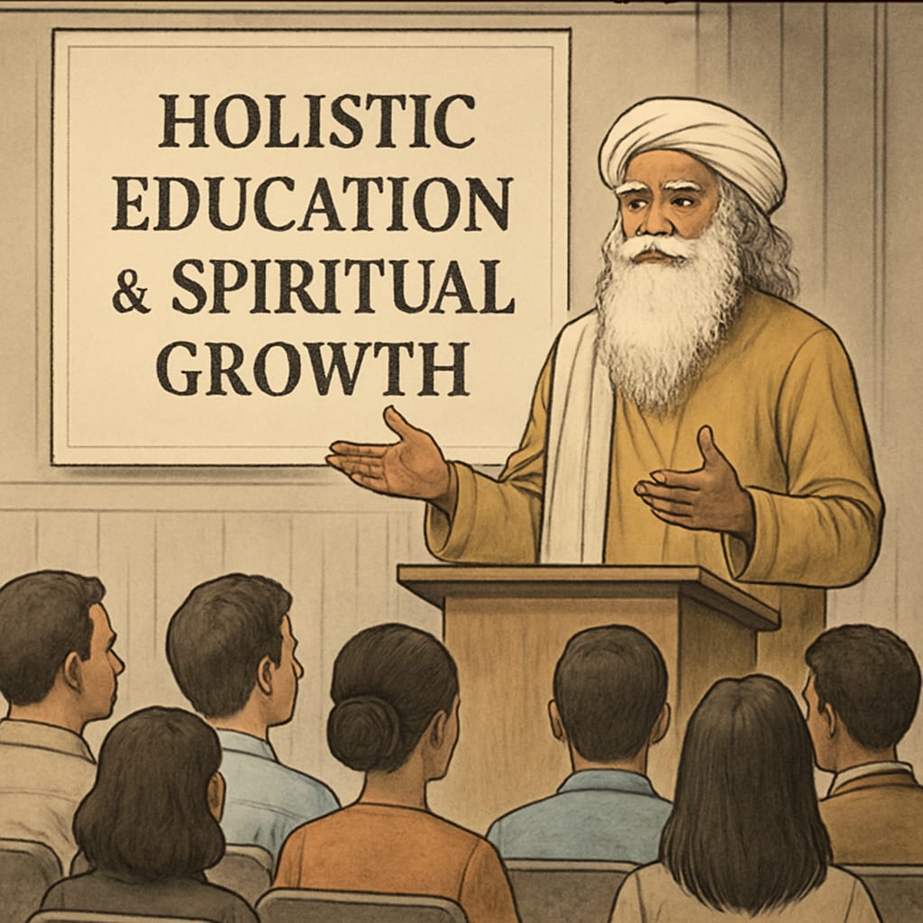 Sadhguru addressing an audience, emphasizing holistic education and spiritual growth. Sadhguru discussing holistic education and mindfulness practices.