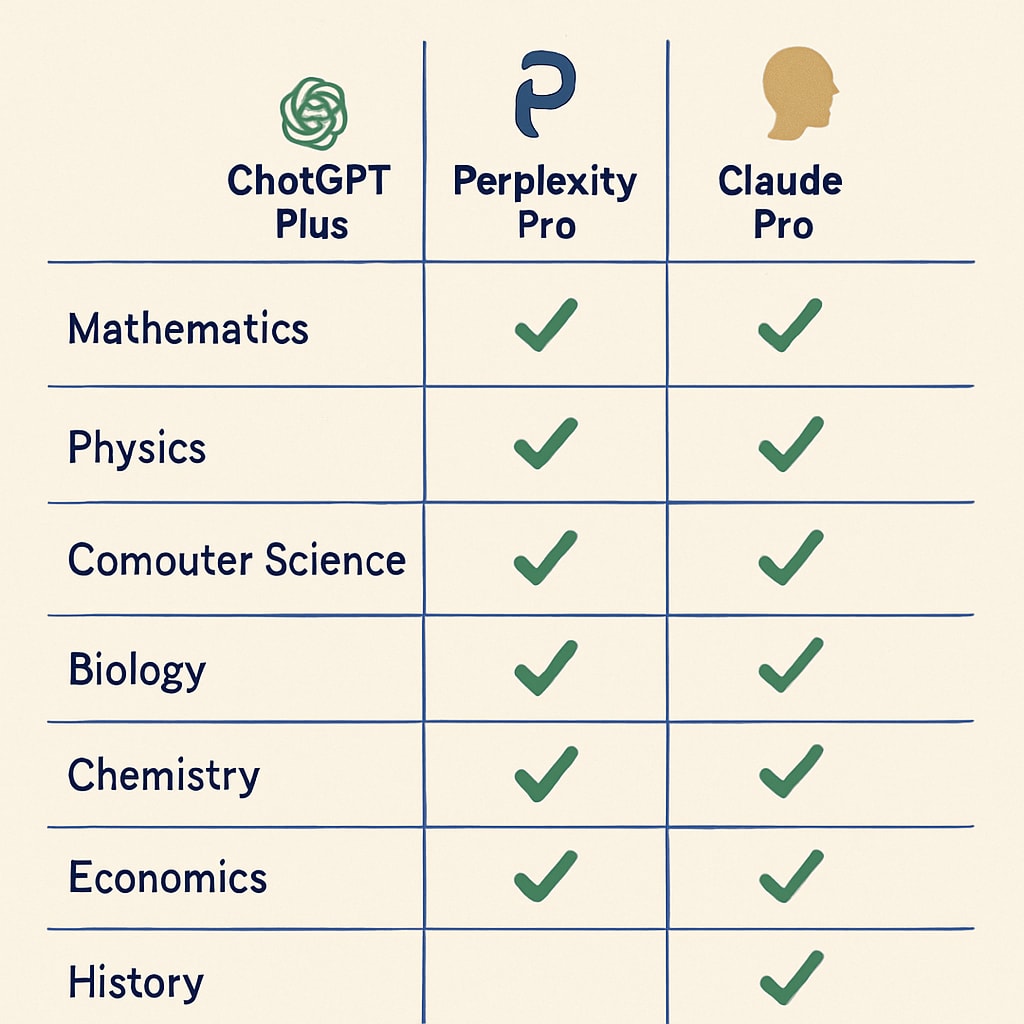 A visual comparison chart showing the strengths of AI tools like ChatGPT Plus, Perplexity Pro, and Claude Pro across different academic disciplines. Comparison chart of AI tools for academic assistance.