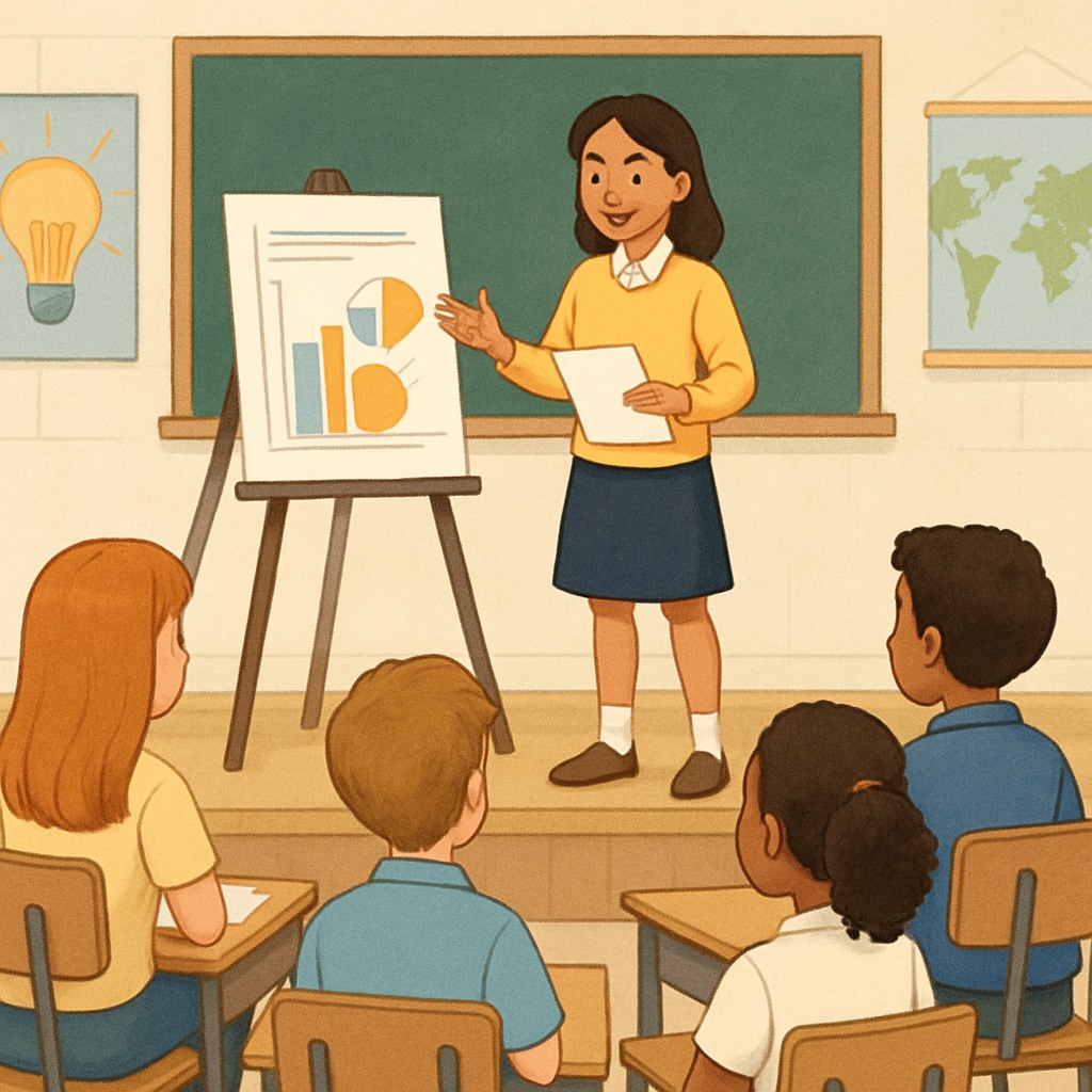 A female student presenting her project in front of peers, showcasing leadership qualities. Female student developing leadership skills in a K12 classroom.