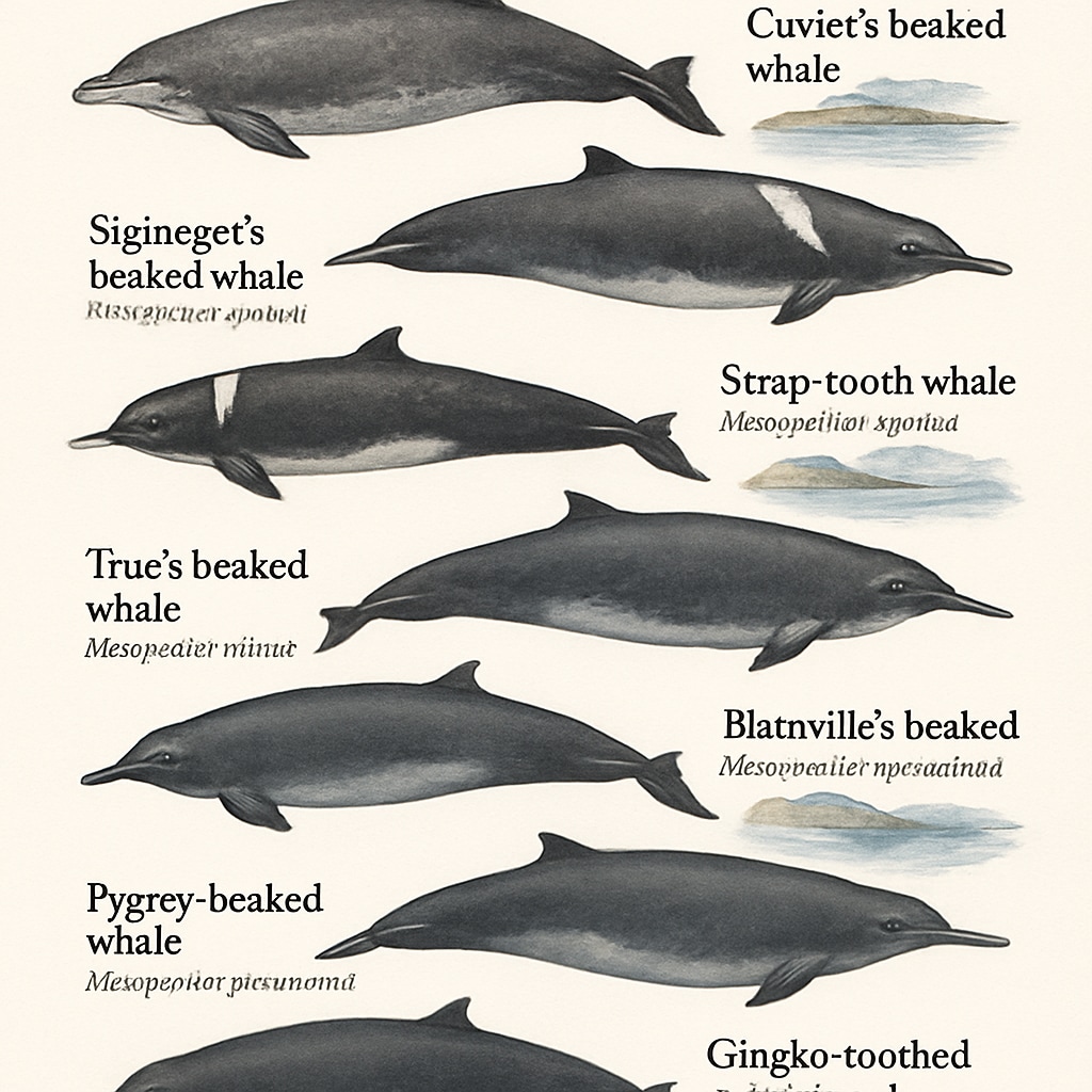 A detailed illustration of various beaked whale species showcasing their physical differences and habitats. Illustration of diverse beaked whale species highlighting their unique features for marine biology education.