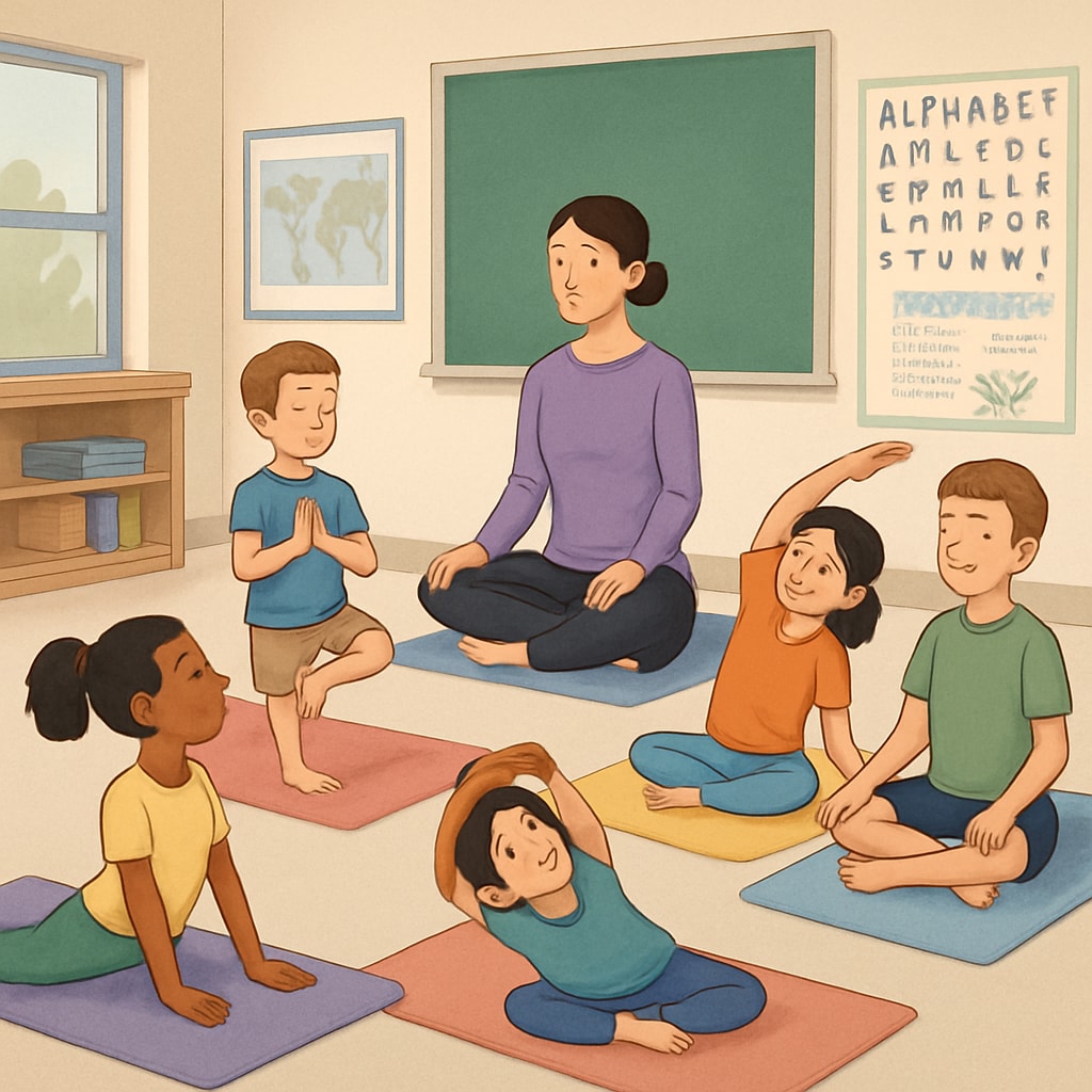 Students practicing yoga in a classroom setting, illustrating mindfulness integration in education. Students engaging in yoga exercises to complement academic learning.