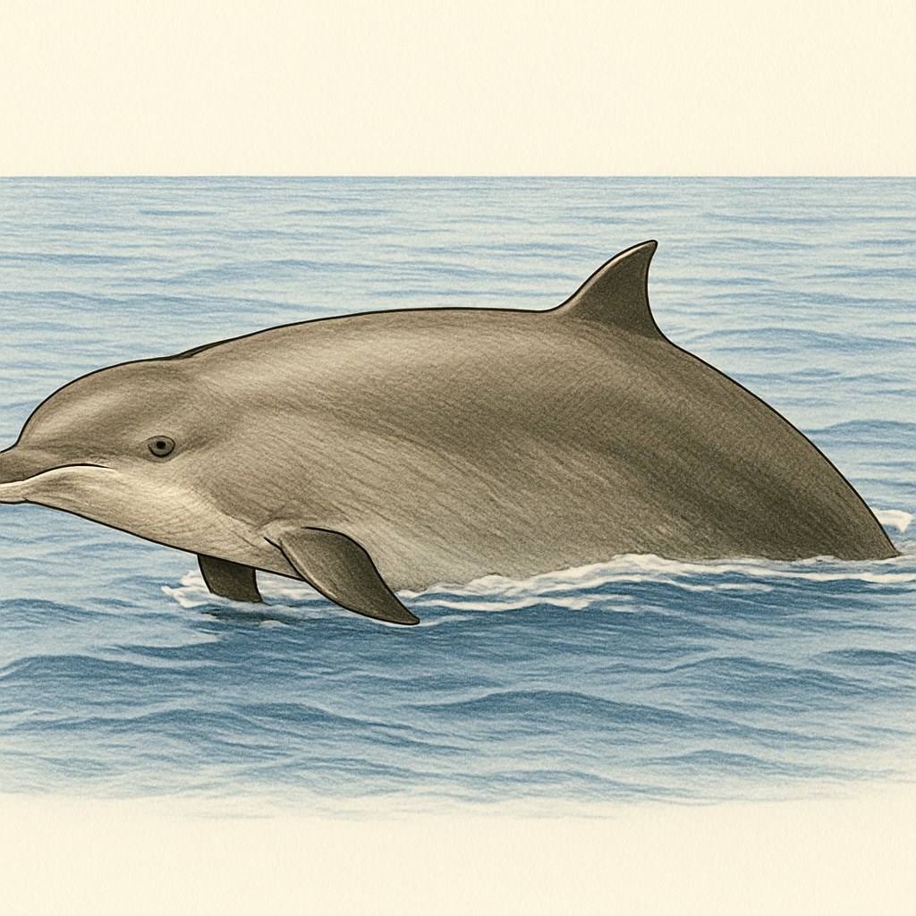 Photographs of a Cuvier’s beaked whale surfacing in open water, highlighting its streamlined body and dorsal fin. Photo of a Cuvier’s beaked whale surfacing, emphasizing its streamlined body for deep diving.
