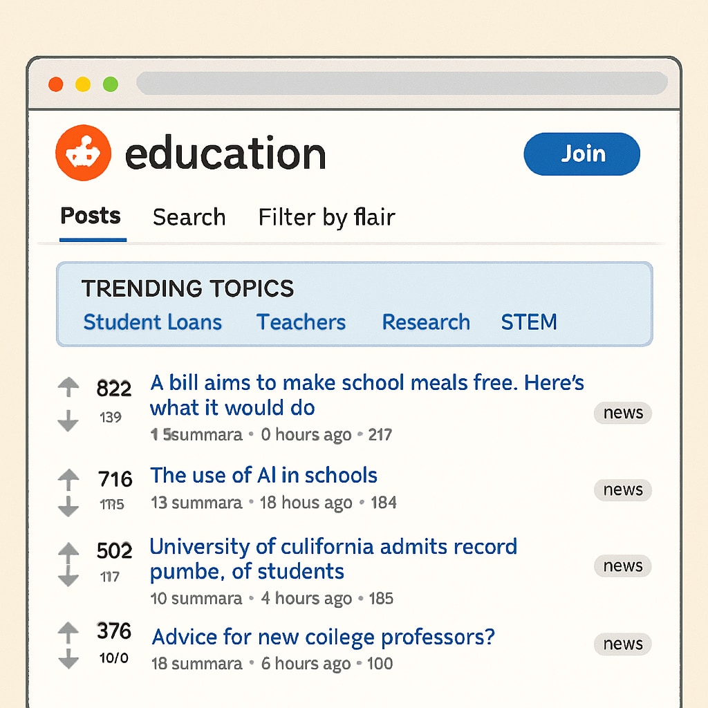A screenshot of the r/education subreddit homepage, showing its layout and current trending topics. Reddit education subreddit homepage layout and trending topics.