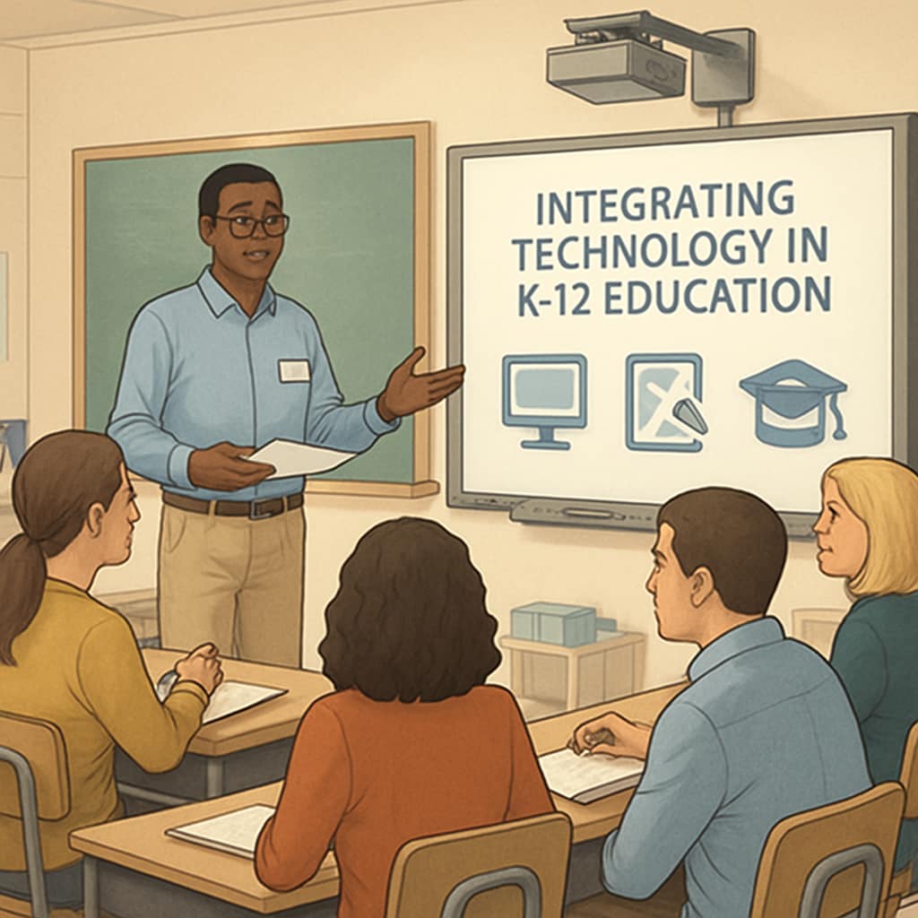 Educational technologists guiding teachers in K12 education, non-teacher roles, school hours.