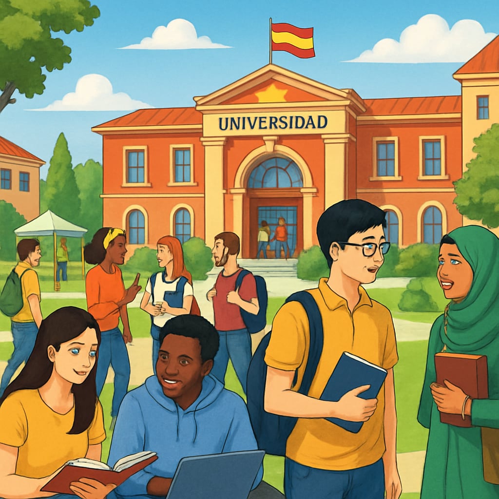 A bustling Spanish university campus with students from diverse backgrounds engaged in activities. University campus in Spain with international students interacting.