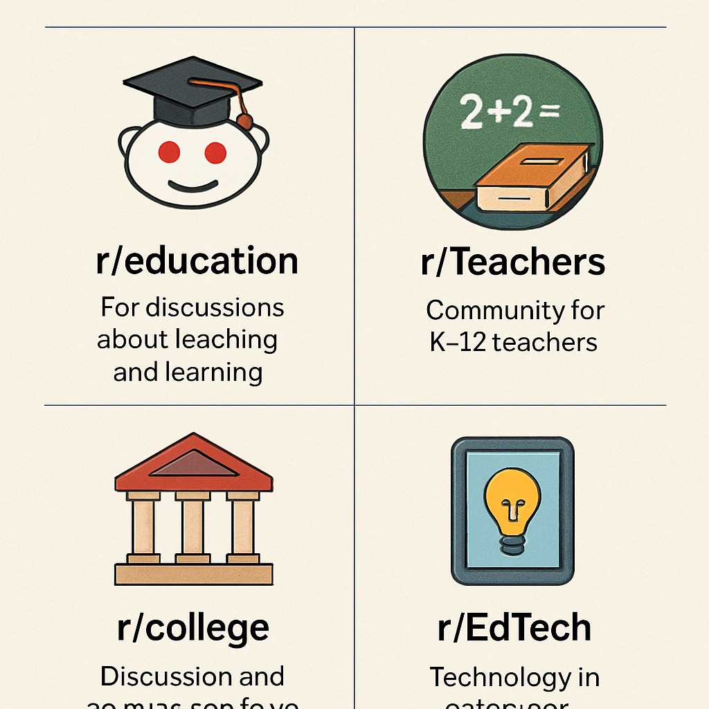 A visual representation of popular education subreddits, with their icons and brief descriptions. Icons and descriptions of popular education subreddits.