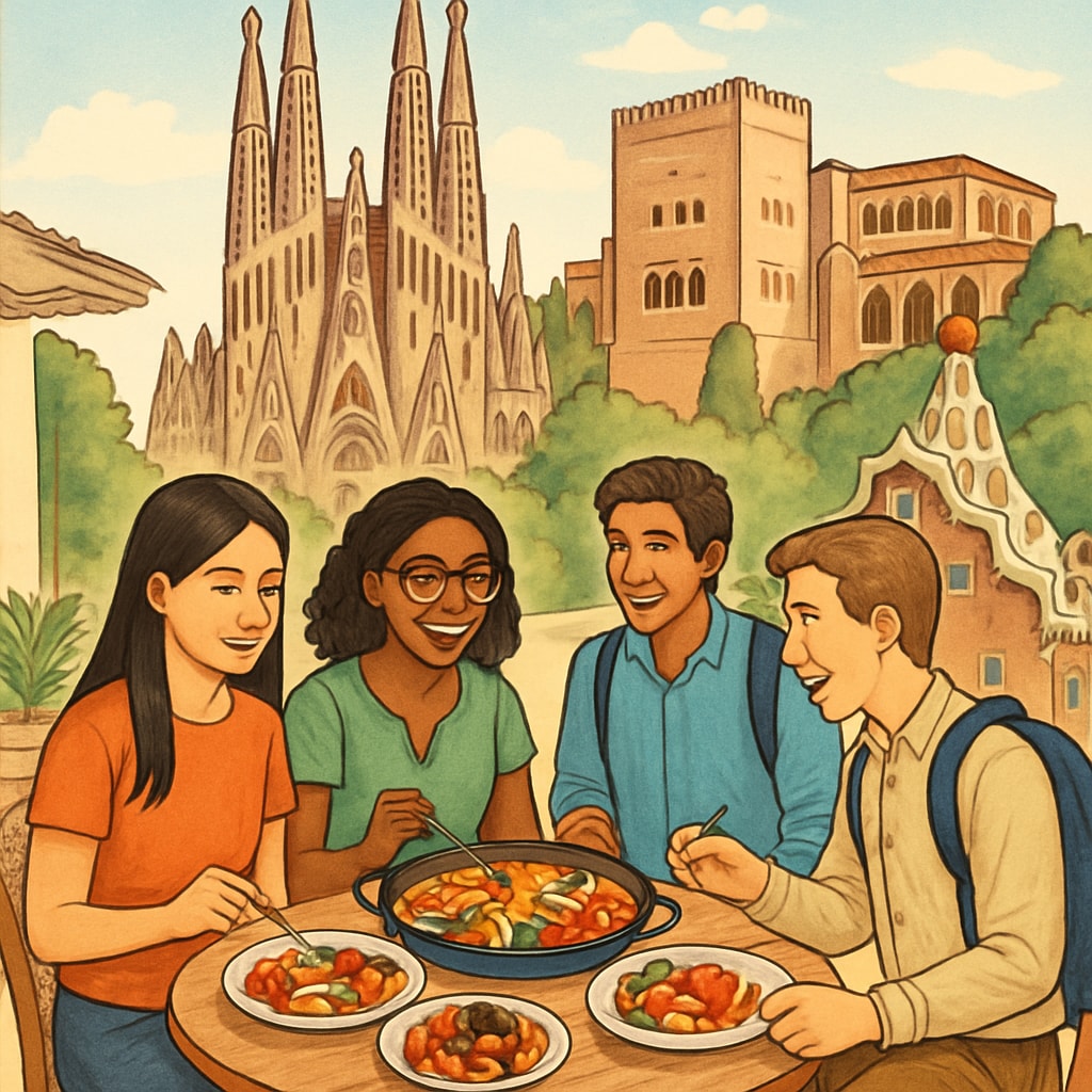 A group of international students exploring Spanish landmarks and enjoying local cuisine. International students discovering Spanish culture and food.