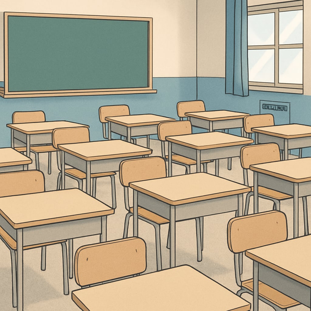 A classroom with empty chairs, symbolizing absenteeism and its impact on students. Empty chairs in a classroom, representing strict attendance policies in schools.