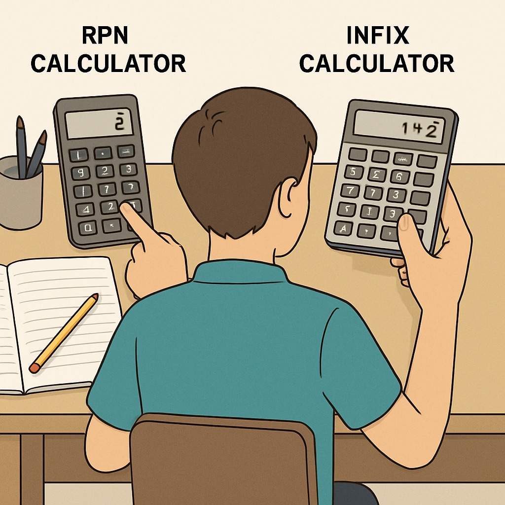 A student using an RPN calculator alongside a traditional infix calculator, comparing their usability. Student comparing RPN and traditional calculators for math efficiency