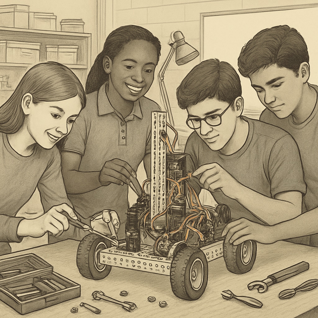 A high school robotics team collaborating on a project to prepare for a mechanical engineering career. High school students working on a robotics project for mechanical engineering preparation.