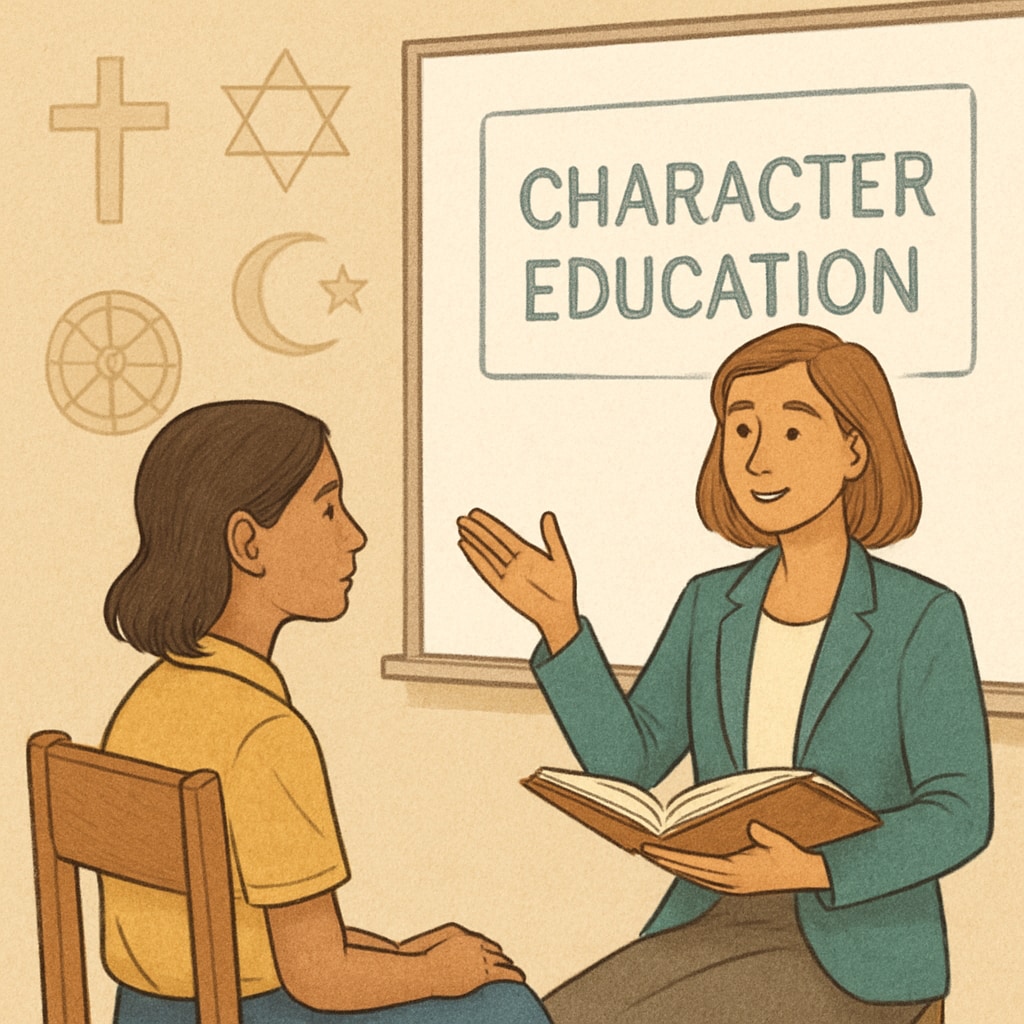 A student attending a character training session with visible religious symbols in the background. A student in a character training session with religious elements, highlighting the controversy of such practices.