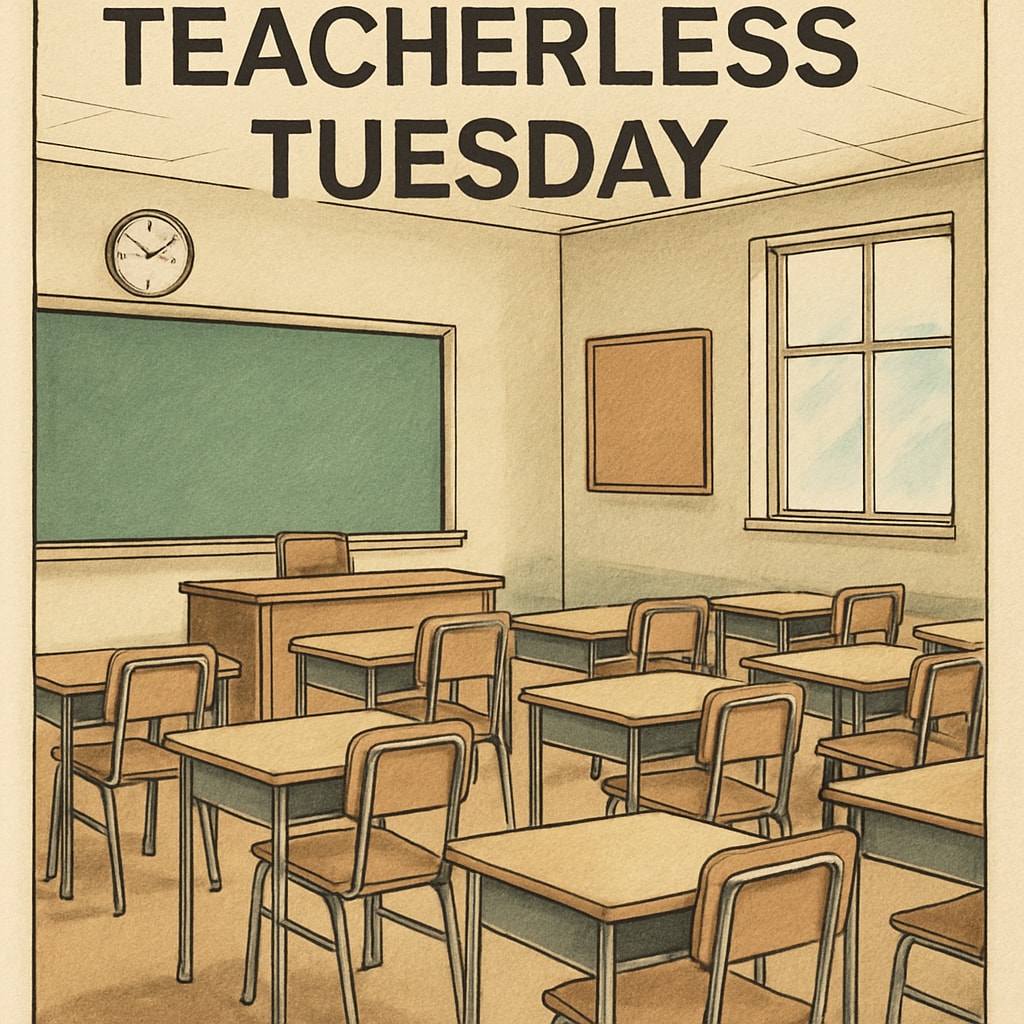 A classroom with empty desks and chairs, symbolizing the absence of teachers on Teacherless Tuesday. Empty classroom desks representing Teacherless Tuesday,教师抗议,集体请假(英文).