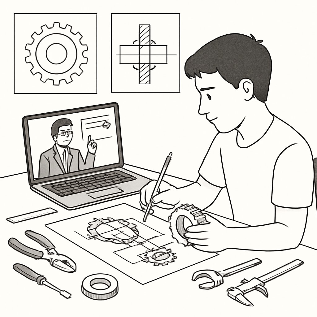 A student working on a mechanical engineering project while attending an online class. Student multitasking between mechanical engineering and an online course.
