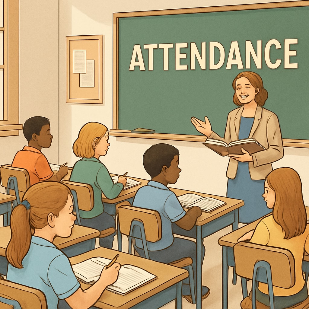 A classroom with students, highlighting attendance policies and their role in education.