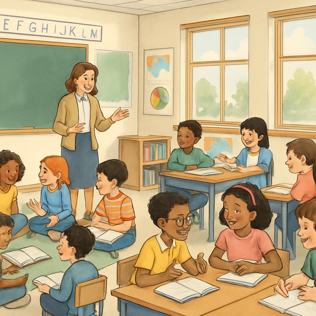 A classroom setting in the United States showcasing students engaged in interactive group learning. US classroom with students learning in groups, illustrating interactive education methods.