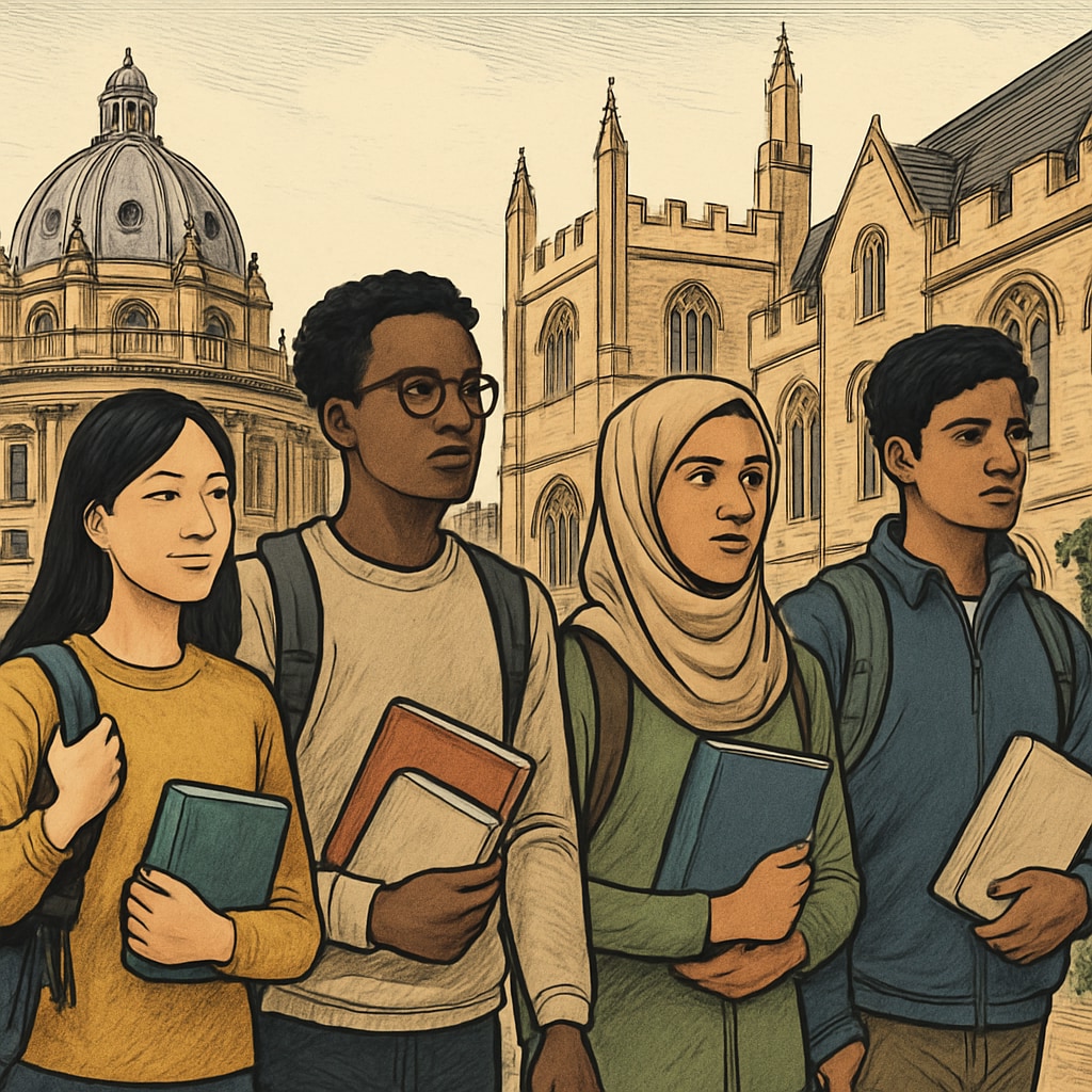 A diverse group of students walking near the iconic Oxford University buildings, symbolizing the challenges faced by immigrant students. Diverse students near Oxford University buildings, representing immigrant tuition challenges.
