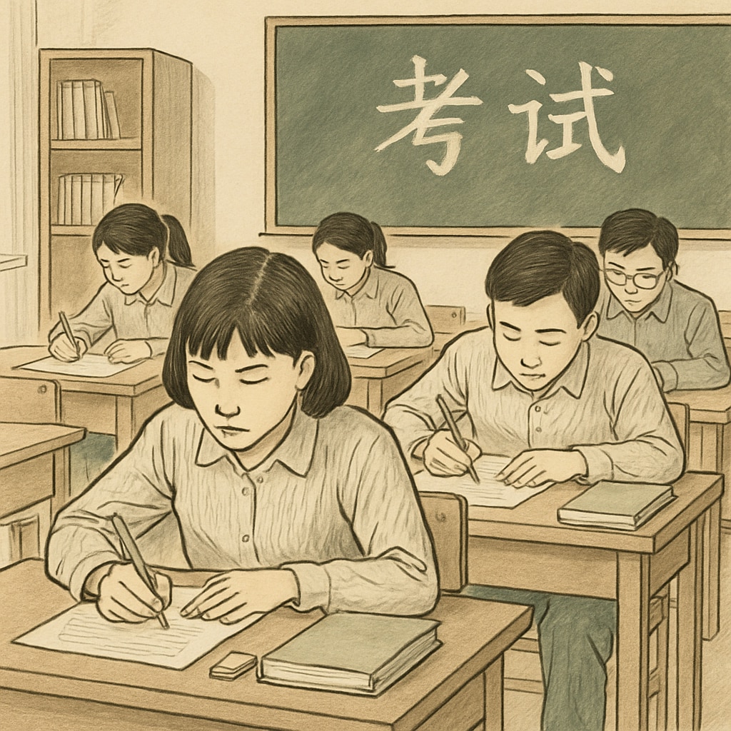 A Chinese classroom with students focused on individual work, reflecting the importance of exams. Chinese classroom highlighting exam-focused education methods.