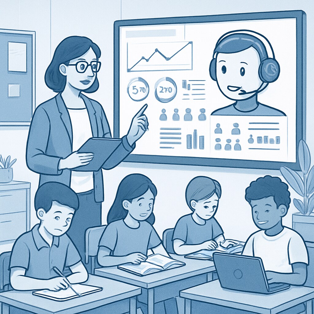 A classroom setting with AI technology in use, showing a teacher working alongside a digital assistant analyzing student data. AI technology in education assisting teachers with data analysis and administrative tasks.