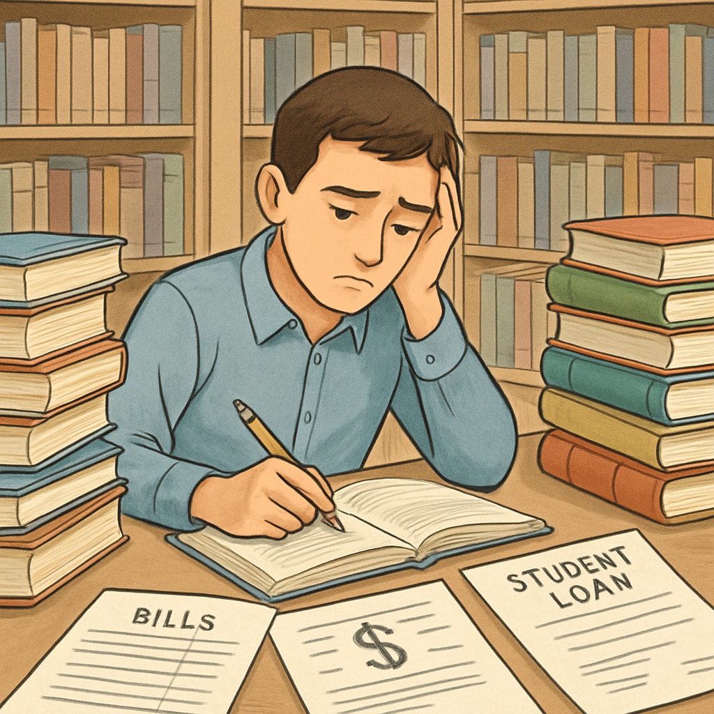 A symbolic image of a student sitting in a library, surrounded by books and financial documents, representing the dual burden of academic and financial challenges. Student in a library with books and financial documents, symbolizing immigrant student struggles.