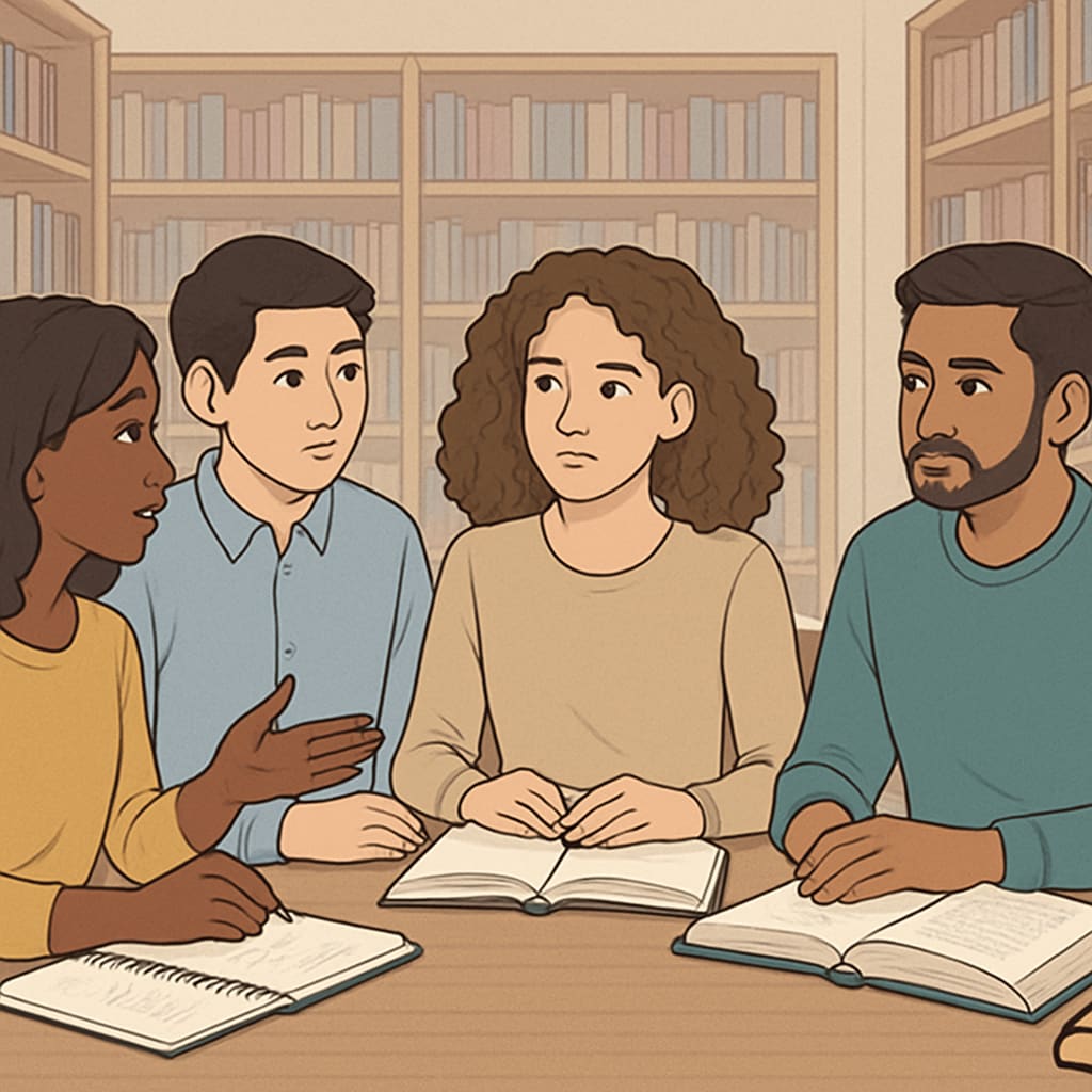A group of international students discussing university options, sitting in a library. International students discussing affordable universities and AS-level qualifications in a library.